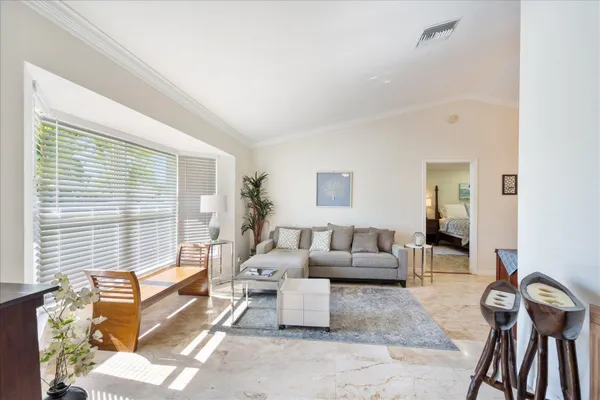 a living room with furniture and a potted plant