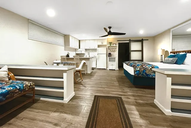 a room with a couch and a table