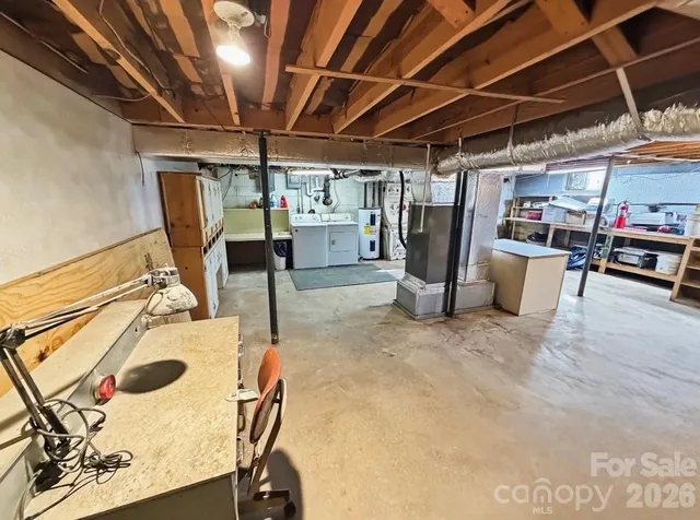 a view of a garage with storage