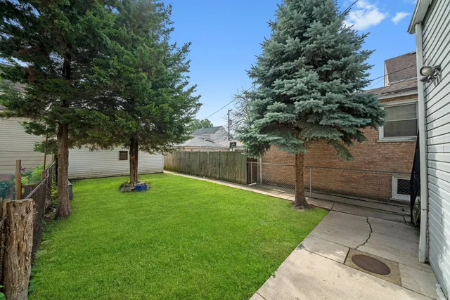 a view of a backyard with a tree