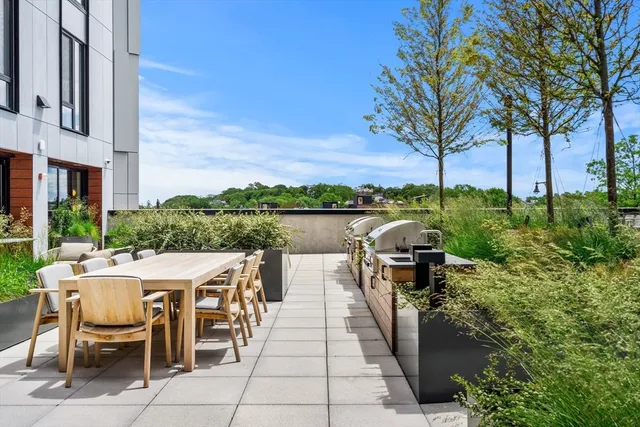 a view of a patio with table and chairs and a barbeque with potted plants
