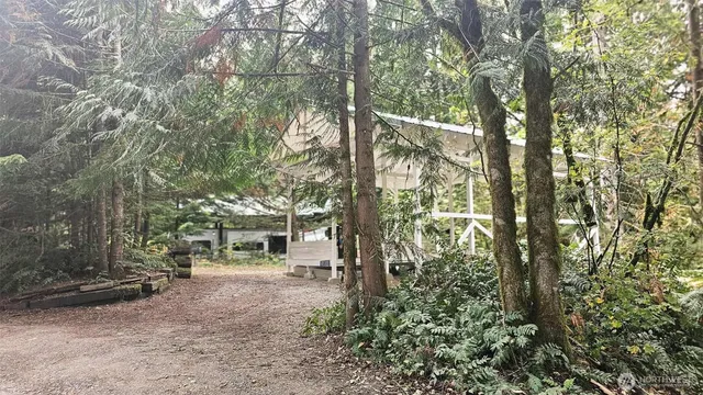 a view of a house with backyard and trees