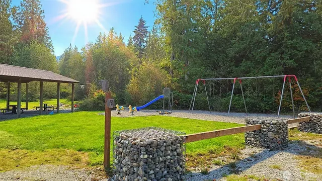 a view of a backyard with swimming pool