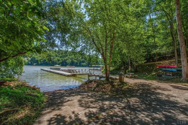 a view of a lake with trees and houses in the back