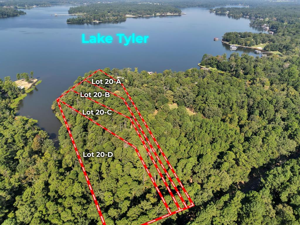 20 B Eastside Road Tyler, TX 75707 - Photo 10 of 23 Aerial view of property's location with a large body of water and property boundaries highlighted