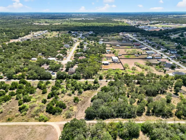 an aerial view of a residential houses with outdoor space and trees