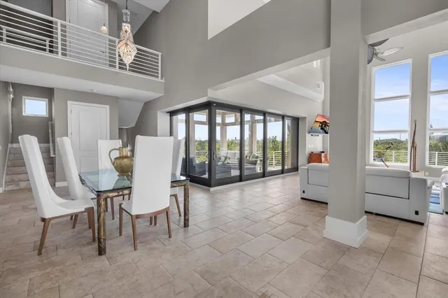 a view of a dining room with furniture window and outside view