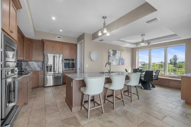 a view of a hallway with wooden shelves