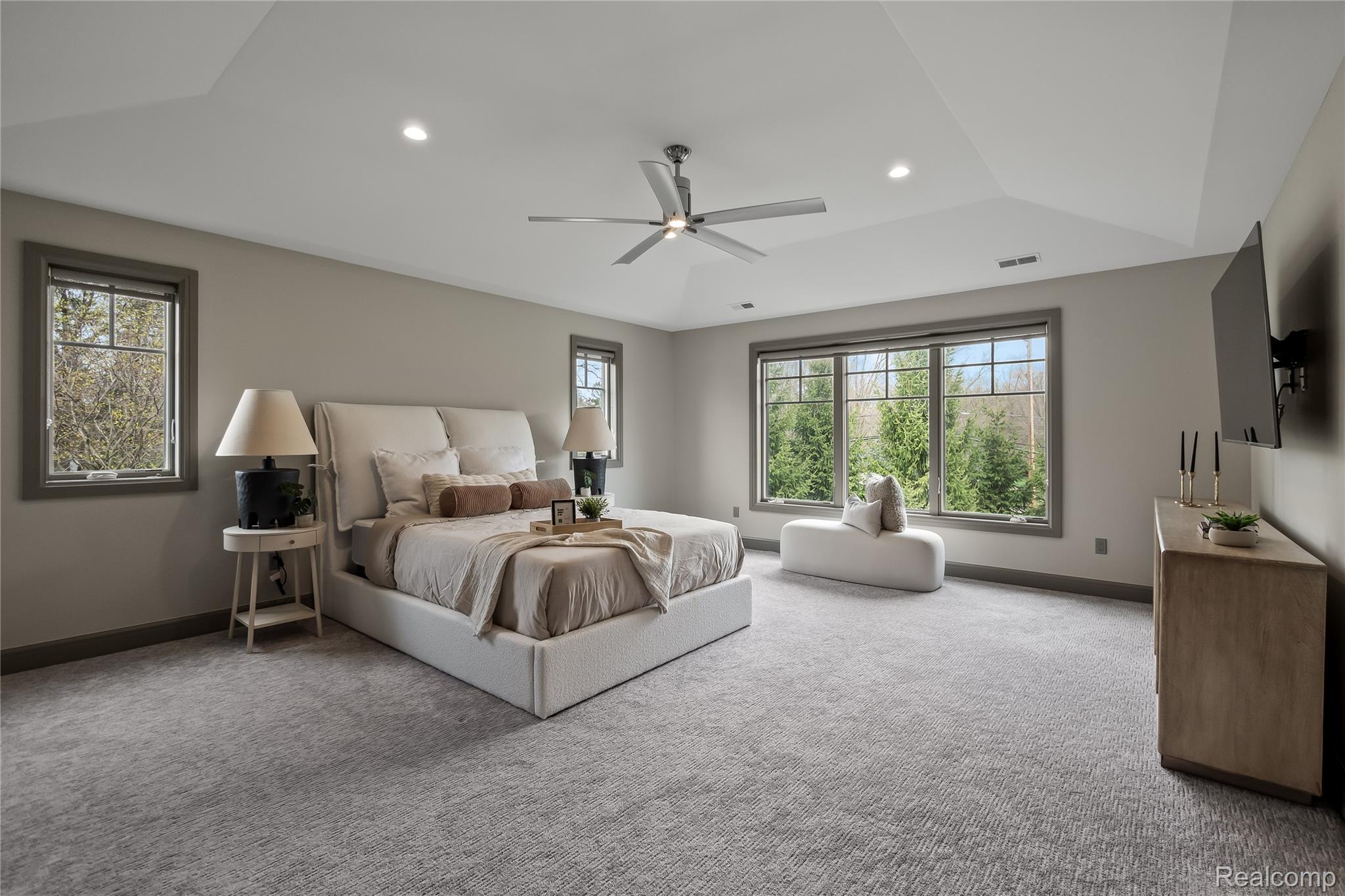 3824 Poppleton Street Troy, MI 48084 - Photo 21 of 51 Carpeted bedroom featuring multiple windows, a ceiling fan, and recessed lighting