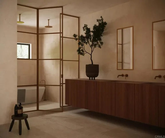 a kitchen with a refrigerator and potted plant
