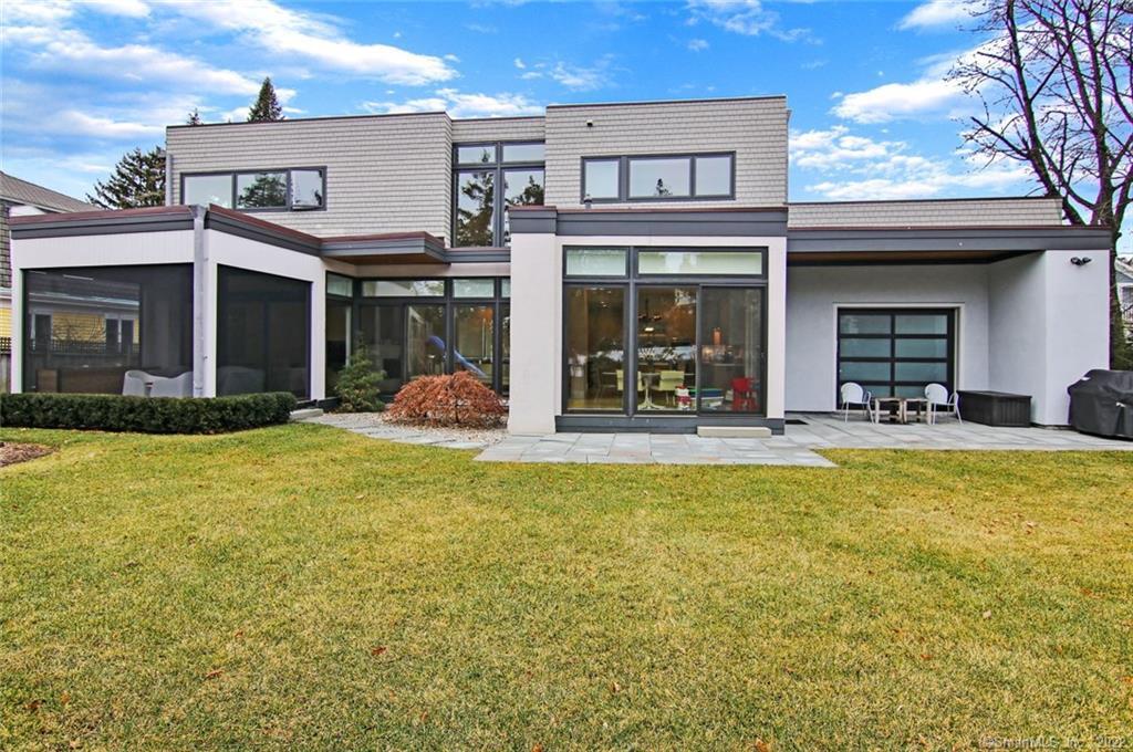 Modern Masterpiece in Old Greenwich - walls of glass, patios, level grounds here at back of the house
