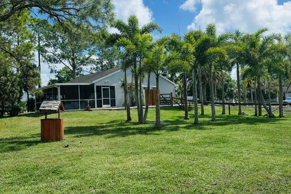 a garden view with a sitting space