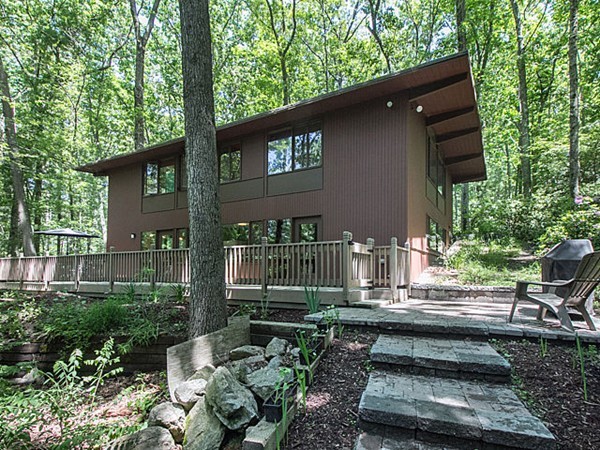 a garden view with a seating space