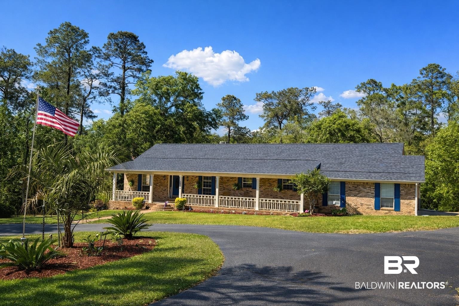 2944 Appleton Road Brewton, AL 36426 - Photo 1 of 65 View of front of property featuring a porch, brick siding, a front lawn, and a shingled roof