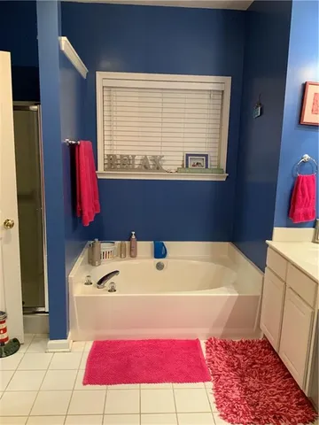 a bathroom with a bathtub and a shower
