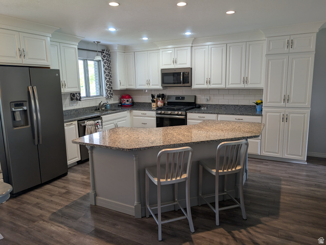 897 East 1200 North Mapleton, UT 84664 - Photo 3 of 54 Kitchen featuring stainless steel appliances, a breakfast bar, dark wood finished floors, tasteful backsplash, and recessed lighting