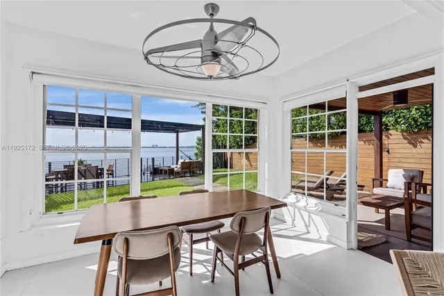 a view of a dining room with furniture window and outside view