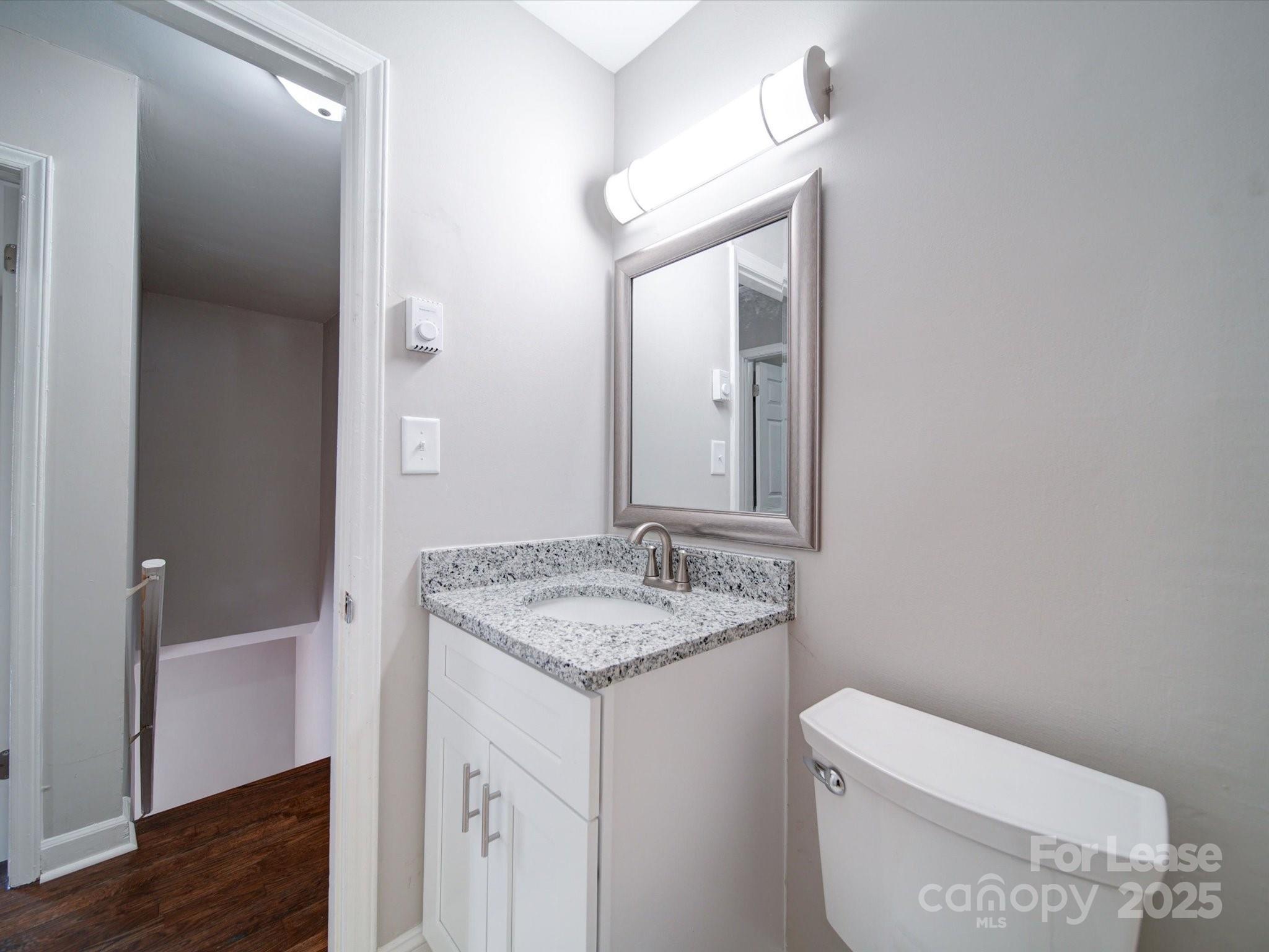 321 South Gardner Avenue, Unit 6 Charlotte, NC 28208 - Photo 28 of 35 a bathroom with a granite countertop toilet a sink and a mirror