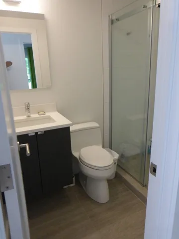 a bathroom with a toilet a sink a mirror and vanity