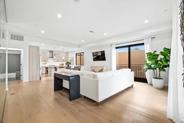 a living room with furniture and potted plant