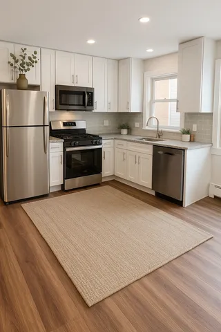 a kitchen with stainless steel appliances a refrigerator sink and microwave