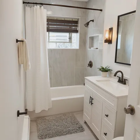 a bathroom with a sink a mirror and a bathtub
