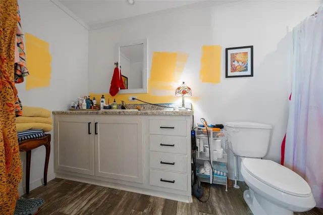 a bathroom with a granite countertop toilet sink and mirror