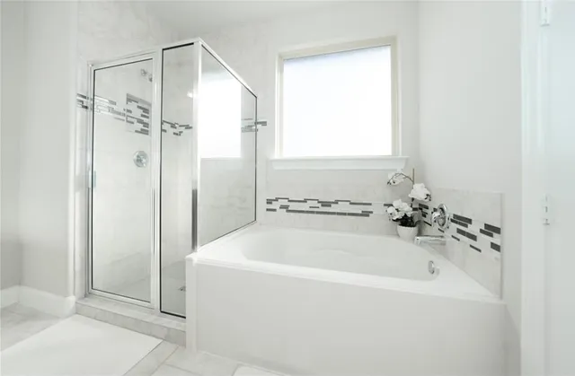 a bathroom with a bathtub and a shower