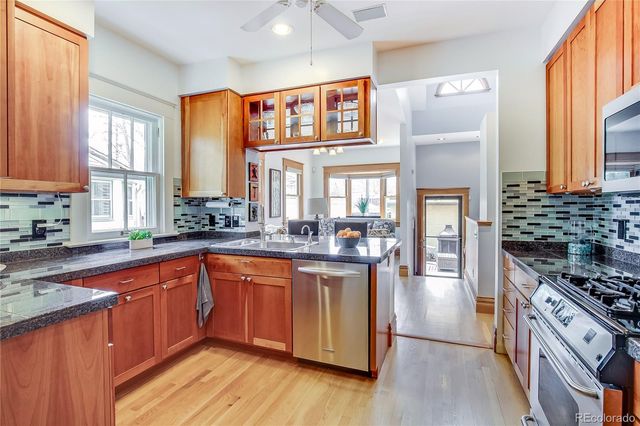 a dining room with furniture