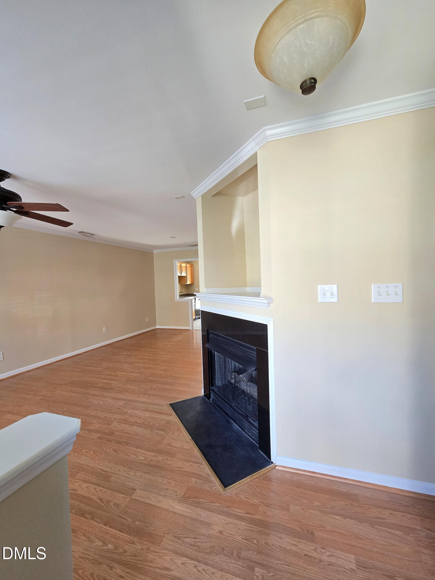 9819 Layla Avenue Raleigh, NC 27617 - Photo 2 of 35 a view of a livingroom with a fireplace and wooden floor
