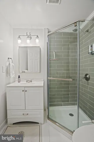 a bathroom with a shower sink and mirror