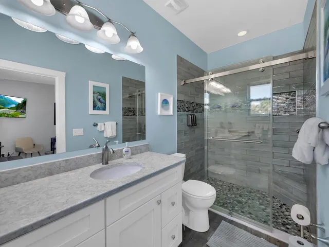 a bathroom with a granite countertop sink a toilet and shower