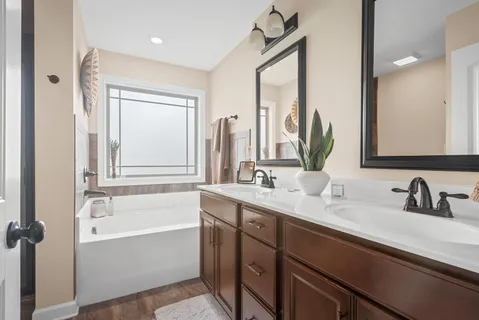 a bathroom with a double vanity sink and a bathtub