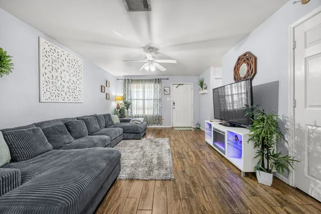 a view of a dining room with furniture