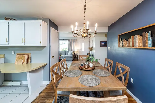 a view of a dining room with furniture