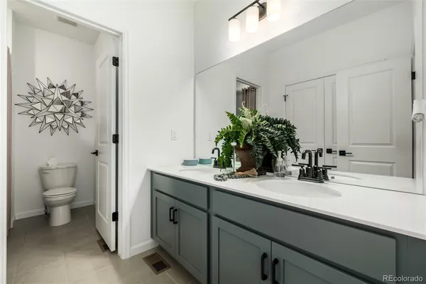 a bathroom with a sink a toilet and a large mirror