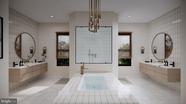 a spacious bathroom with a tub sink and mirror