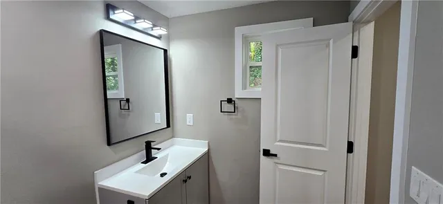 a bathroom with a sink and a mirror