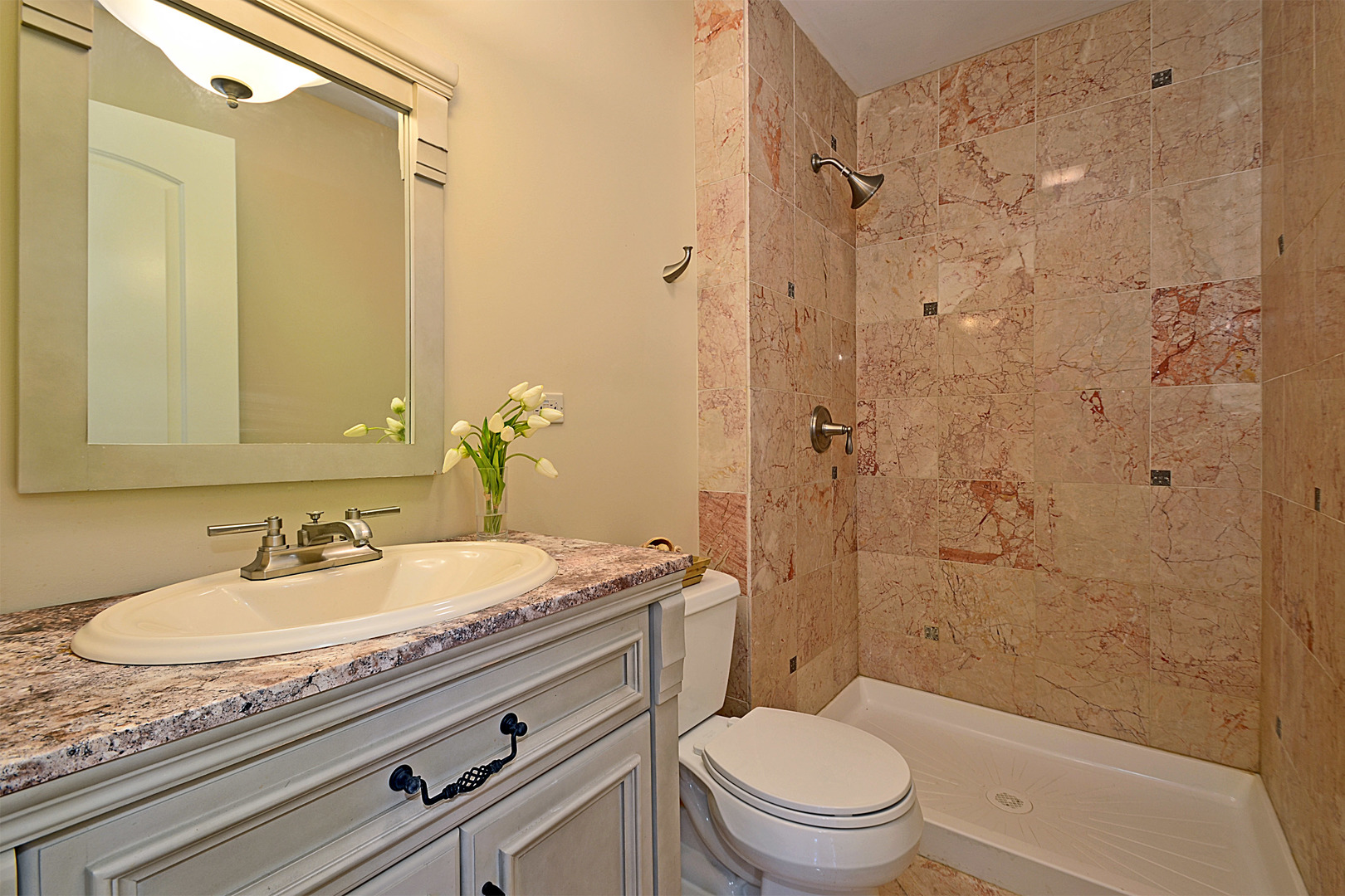 1435 Dunheath Drive Inverness, IL 60010 - Photo 10 of 27 a bathroom with a granite countertop sink a toilet and shower