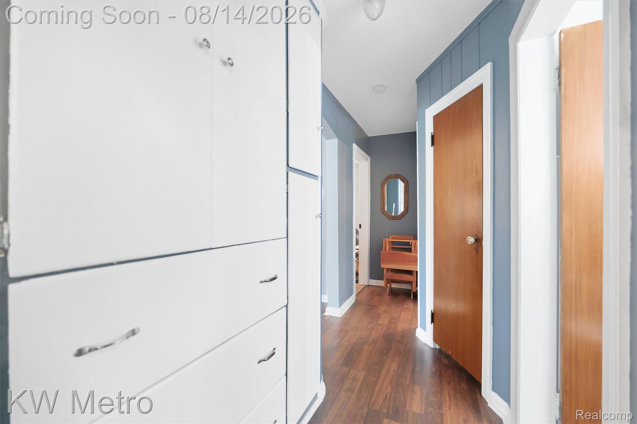 201 South Maple Leaf Road Lapeer, MI 48446 - Photo 8 of 70 Integrated white cabinetry with chrome hardware, wood-finish flooring, and blue painted paneling