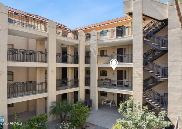 a front view of a multi story building