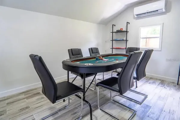 a view of a dining room with furniture