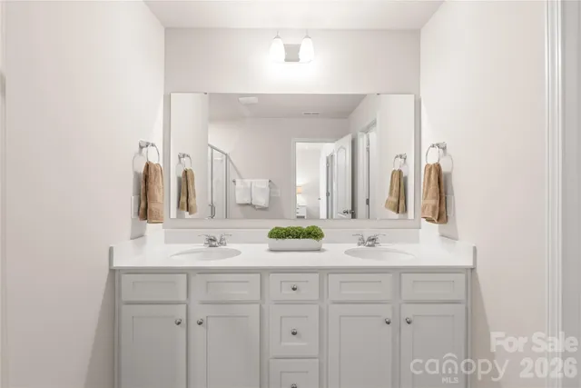 a bathroom with a sink vanity and mirror