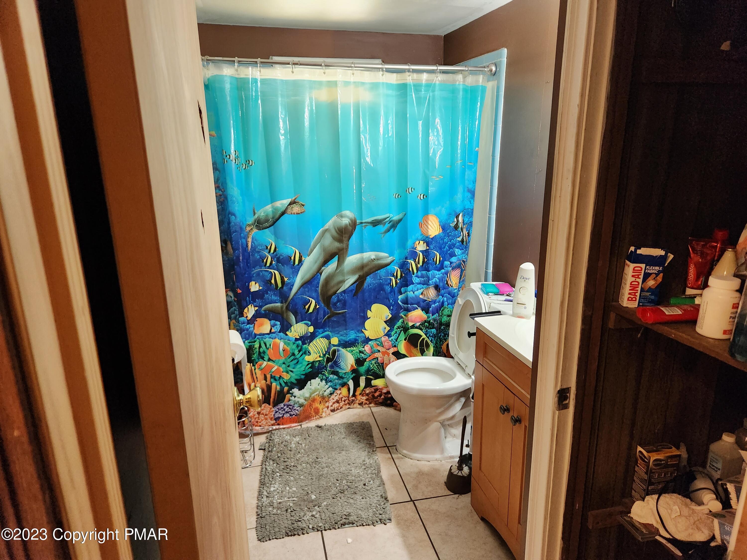 218 Mallard Lane Bushkill, PA 18324 - Photo 9 of 14 a bathroom with a toilet and a shower curtain