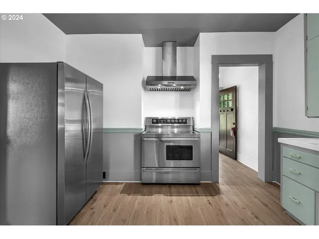 a kitchen with stainless steel appliances a stove and a refrigerator