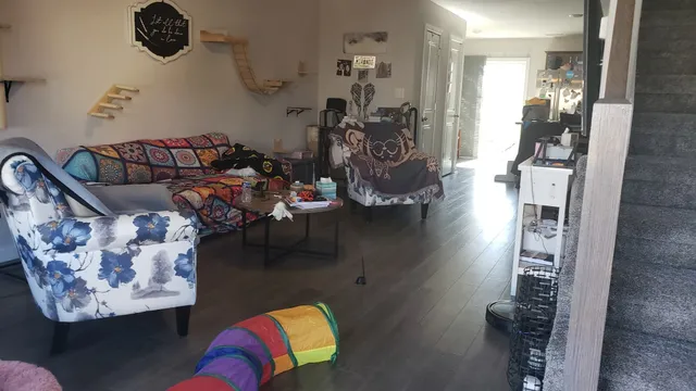 a living room with furniture and a chandelier