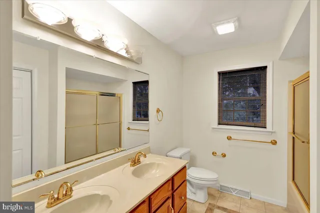 a bathroom with a sink mirror and toilet