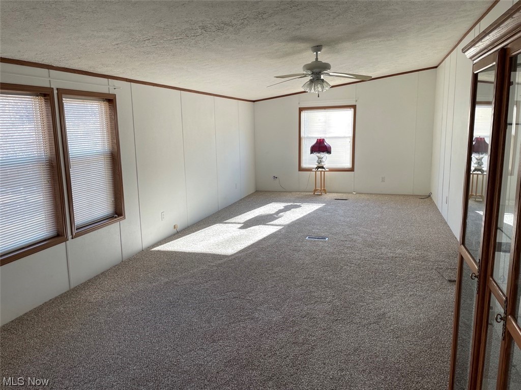 8058 Scio Road Scio, OH 43988 - Photo 13 of 19 Room featuring light colored carpet, ornamental molding, ceiling fan, and a textured ceiling