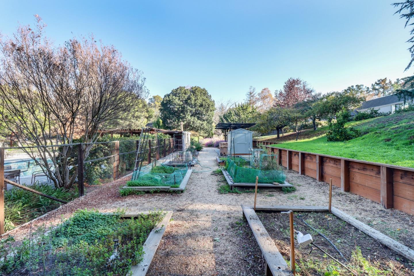 28 Farm Road Los Altos, CA 94024 - Photo 26 of 28 a view of a garden with a bench in the background