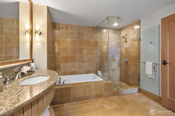 a bathroom with a granite countertop sink a shower and a mirror
